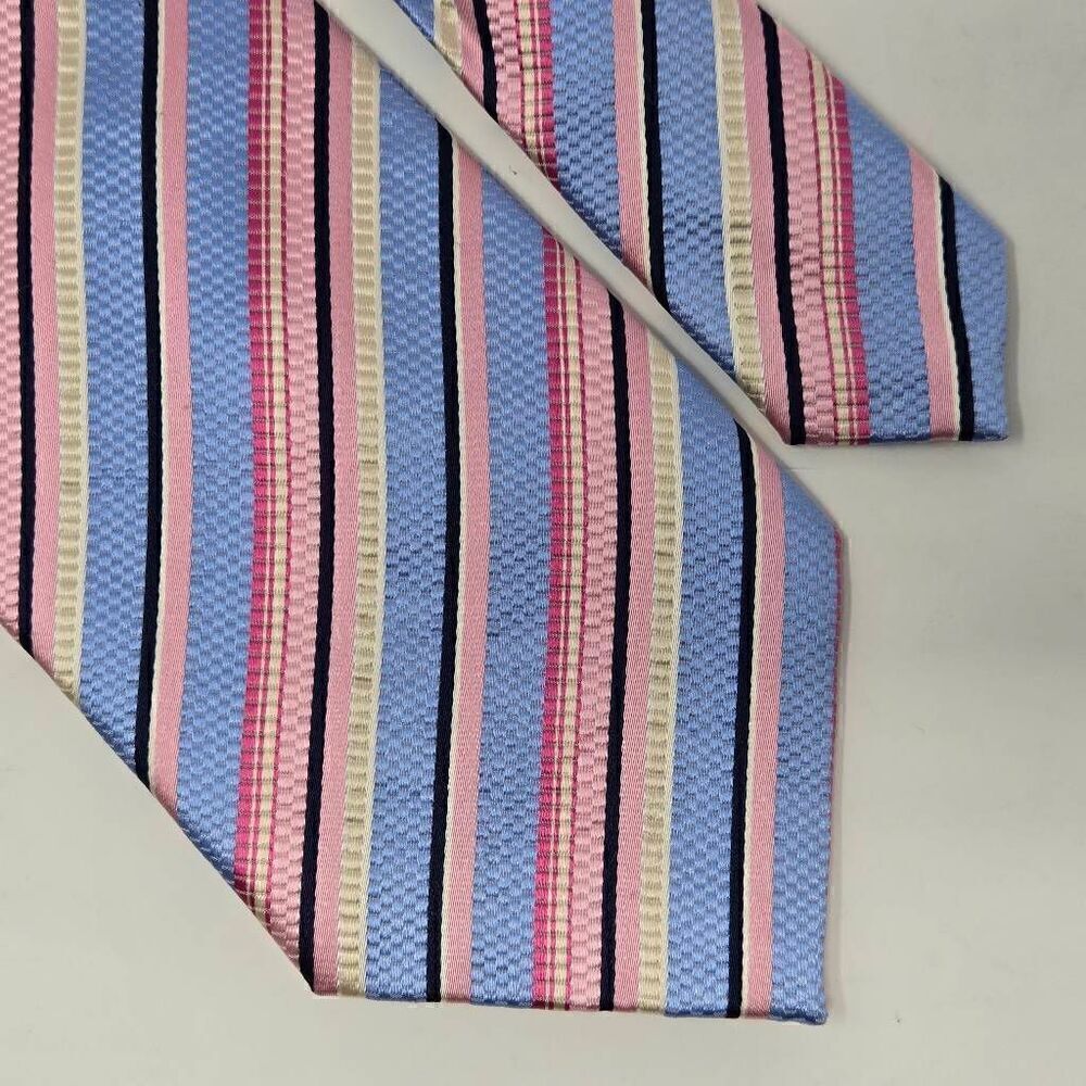 ATESETA FIRENZE ITALY SILK TIE BLUE PINK HEAVY LUXURY SATIN STRIPE 3.75" X 59"